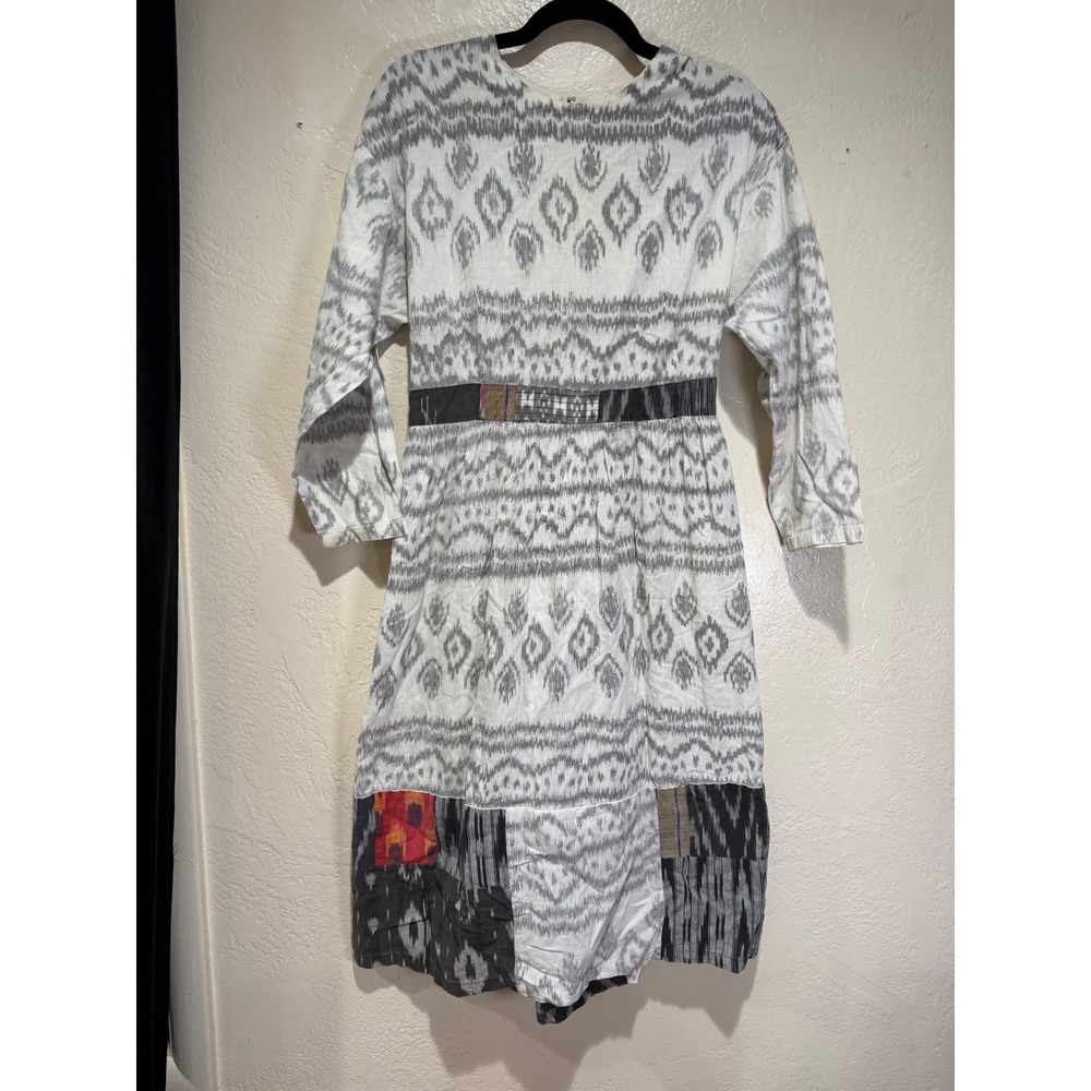 Kim Messier Womens Grey White Ikat Patchwork Midi Dress 3/4 Sleeve Boho Artisan‎